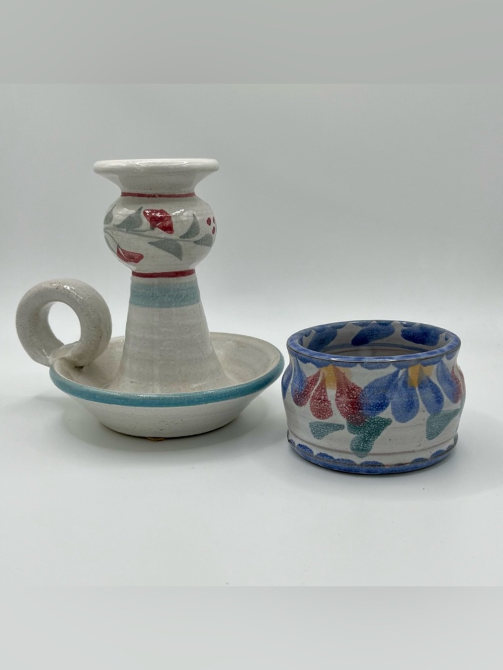 Vintage Cottagecore Salt Glaze Stoneware Candlestick Holder Mini Pot Set of 2